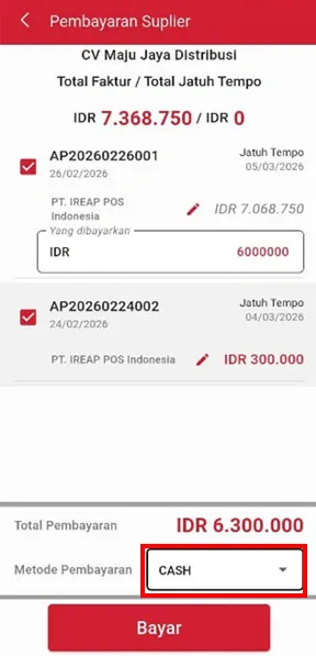 Pilih metode pembayaran pembayaran supplier iREAP Invoice