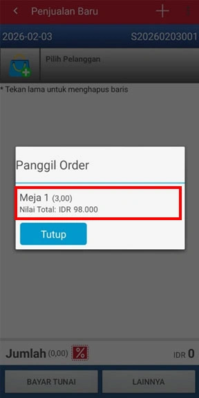 Memilih pesanan sesuai nama meja