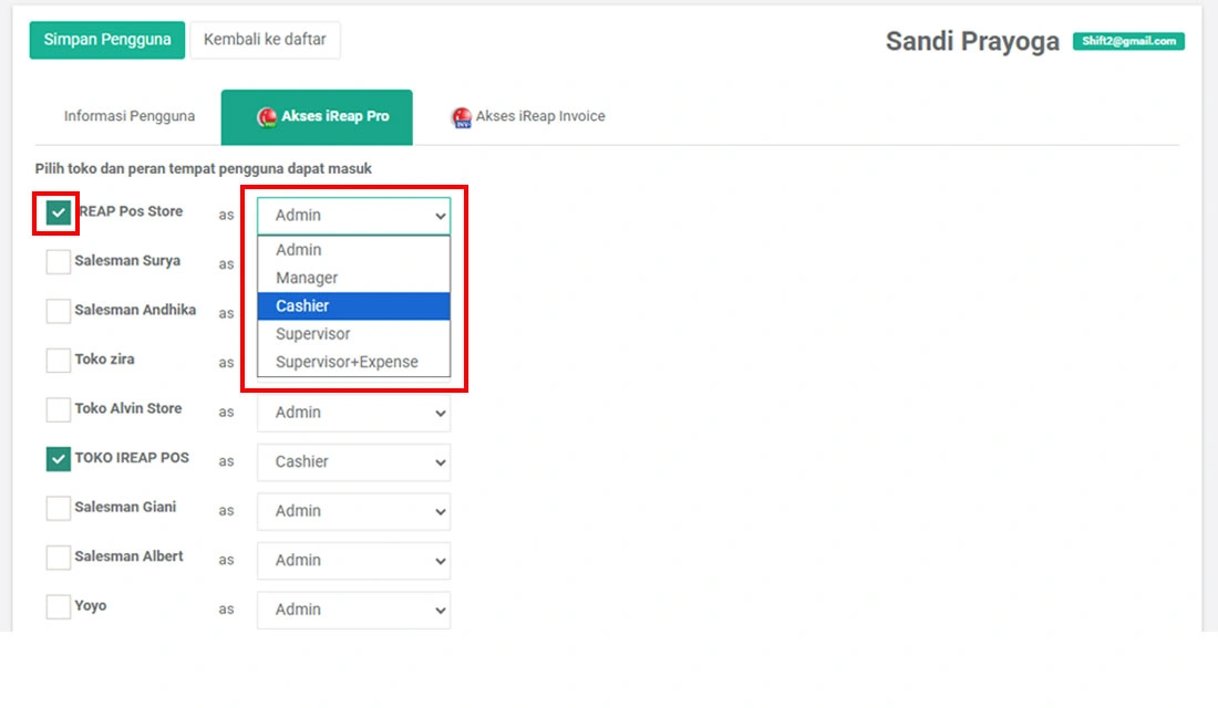 Pilih peran pengguna baru di iREAP POS Pro