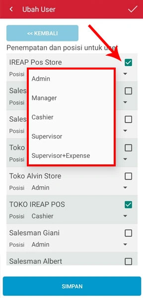 Pilih role pengguna baru di iREAP PRO