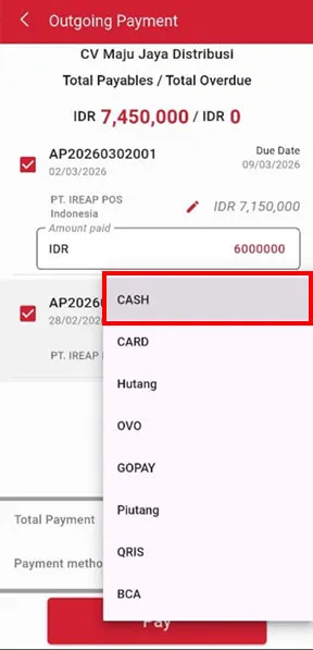 Select payment method outgoing payment on iREAP Invoice