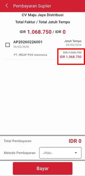 Sisa hutang supplier di iREAP Invoice