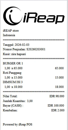 Transaksi diselesaikan dan struk pembayaran dicetak
