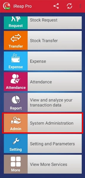 System administration menu iREAP POS Pro mobile