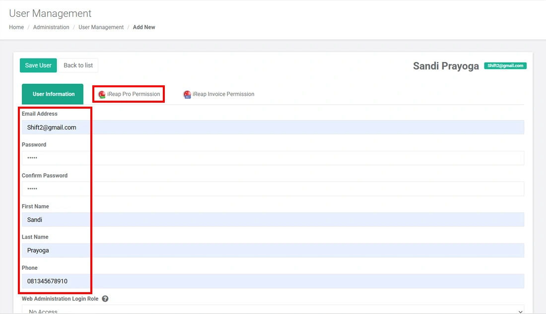 User information on iREAP POS Pro