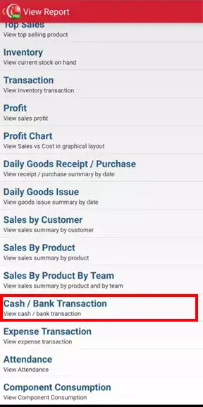 Cash bank transaction report menu on mobile cashier pos iREAP PRO via mobile
