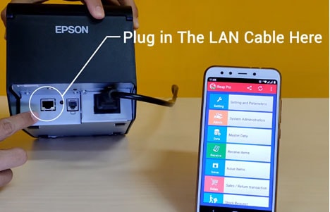 Connect the LAN cable to the slot shown to setting WIFI/LAN Printer Epson TM-T82X