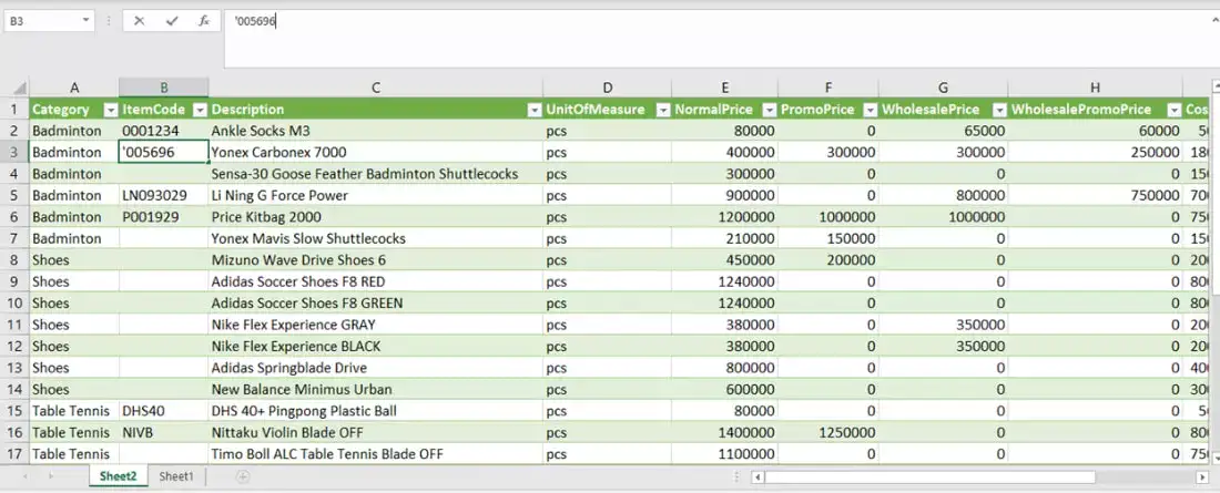 Contoh Kode Data Barang di Excel untuk aplikasi kasir android iREAP POS