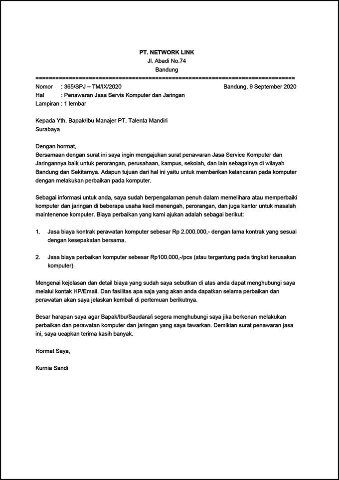 contoh surat penawaran jasa