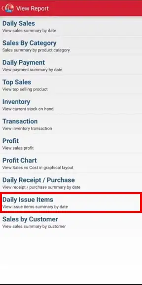 Daily Issue Items menu on mobile cashier iREAP POS Lite