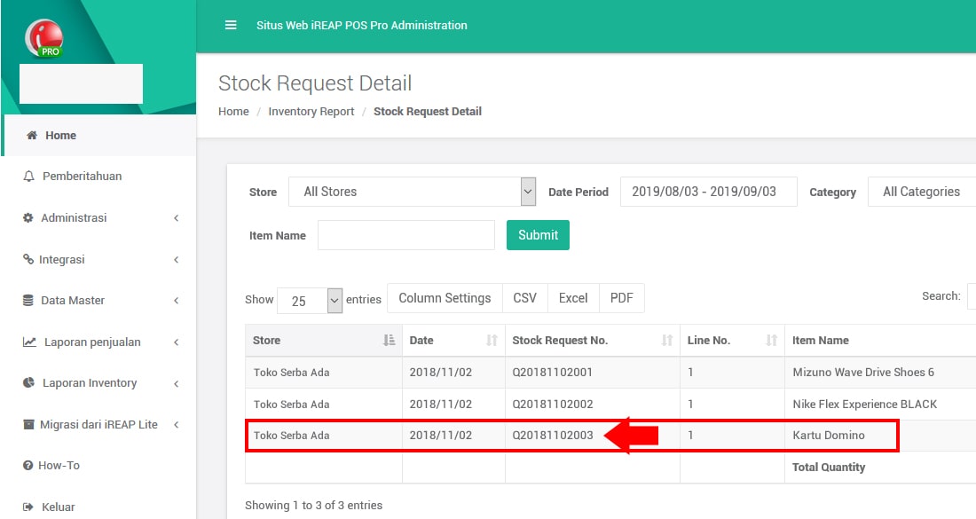 Report Stock Request Detail shown