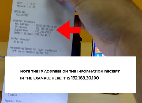 Mohon diingat IP Address yang terlampir pada kertas print yang baru saja diprint ketika Anda menekan tombol Feed. Contohnya seperti gambar dibawah ini