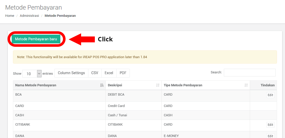 Click Metode Pembayaran Button