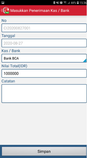 Isi jumlah nilai kas bank aplikasi pos mobile android iREAP PRO