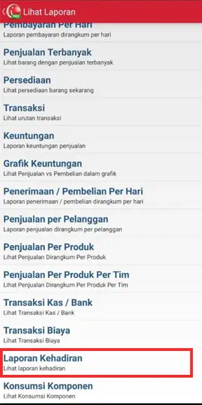 menu laporan kehadiran di aplikasi kasir pos iREAP PRO via mobile