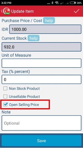 Tick to activate Open Selling Price in iREAP POS PRO Mobile Device