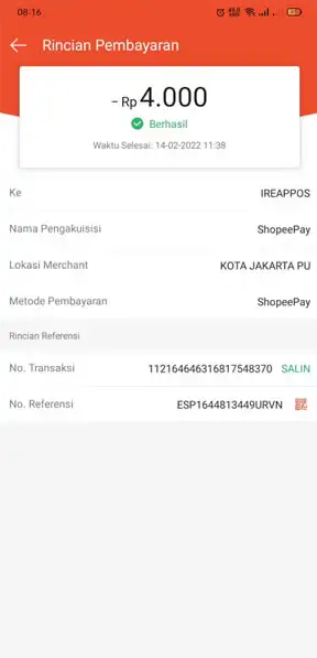 Pelanggan berhasil melakukan pembayaran scanning QR menggunakan Shoppe Pay di aplikasi kasir android iREAP POS PRO