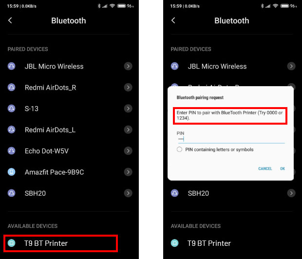 Pair the device that has the iREAP POS application to the SPRT T9 printer via Bluetooth