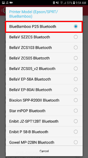 Select the printer model (BlueBamboo P25 Bluetooth)
