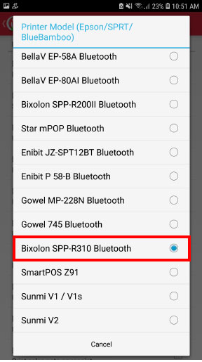 Select the printer model (Bixolon SPP-R310 Bluetooth)