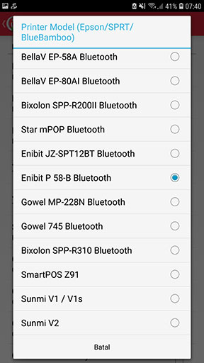 Select the printer model you want to select (Enibit P 58-B Bluetooth)
