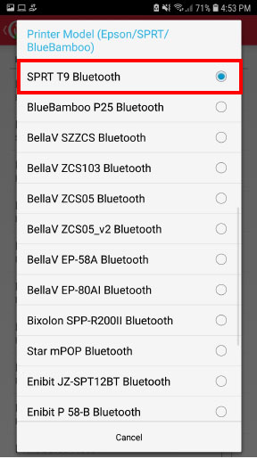 Select the printer model SPTR T9 Bluetooth