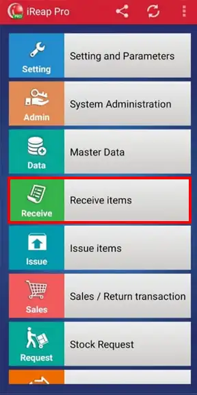 Receive Items menu on mobile cashier android iREAP POS PRO