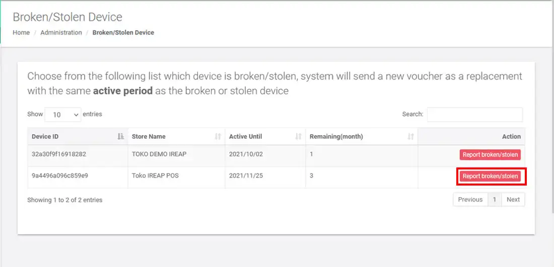 Report broken stolen device Mobile Cashier Android iREAP POS PRO Web Administrator