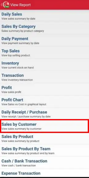 Sales by Customer Menu on mobile cashier iREAP POS PRO