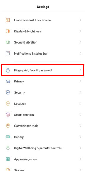 Select fingerprint, face & password on your android device to lock settings