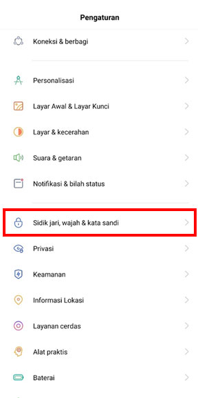 pilih sidik jari,wajah & kata sandi untuk mengunci pengaturan pada perangkat android