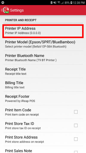 Setting IP address printer in cashier mobile app iREAP