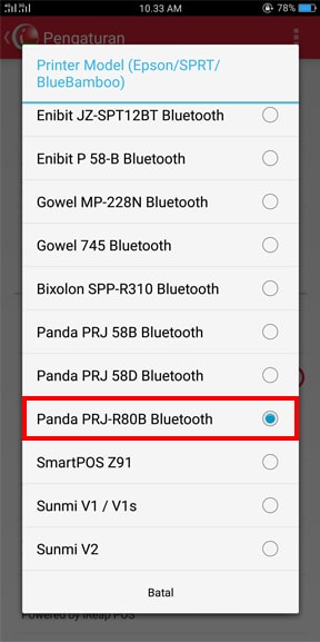 Pilih model printer Panda PRJ-R80B