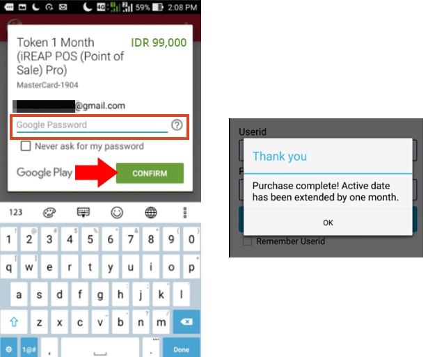 Konfirmasi Berhasil Berlangganan iREAP POS Pro Dengan Pulsa handphone