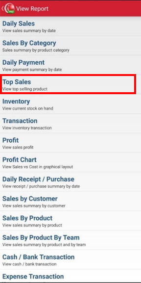 Top Sales Menu Mobile Cashier Android iREAP POS PRO