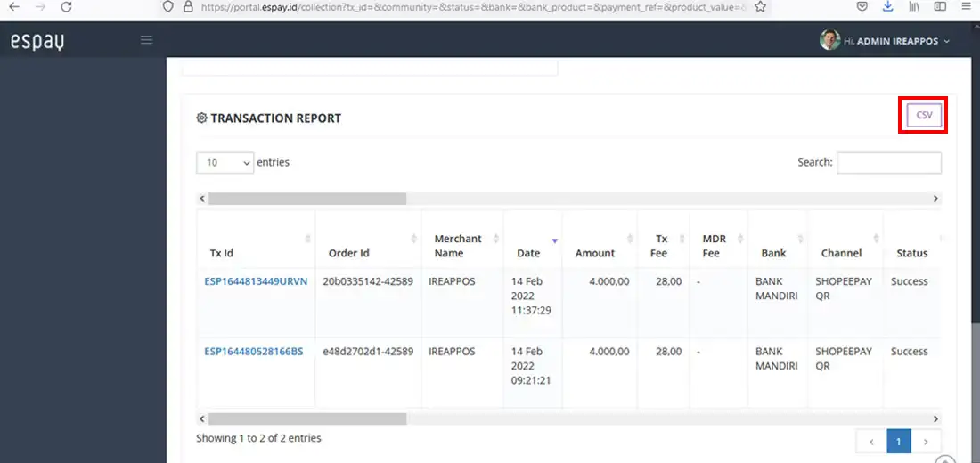 Transaction report in espay web admin