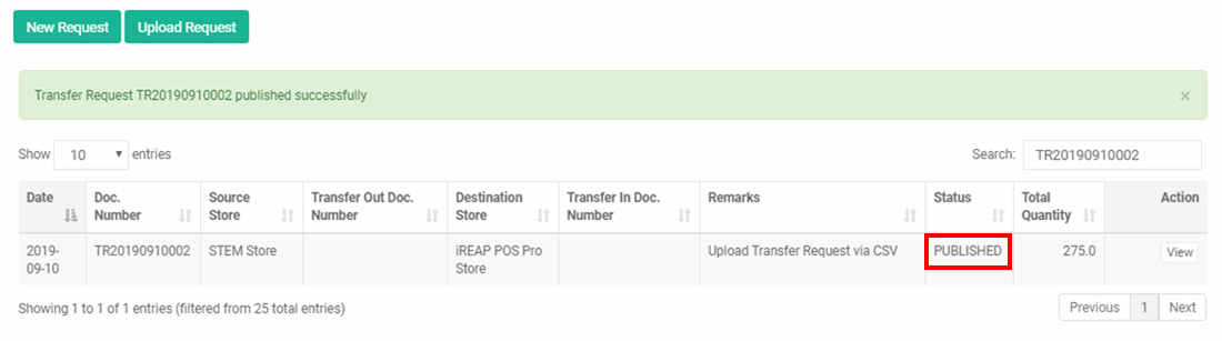 iREAP POS Pro Status Successfull Published Request Inventory