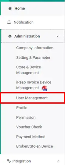 Menu user management web admin mobile cashier android ireap pos pro