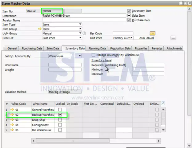 SAP Business One Tips - Locked function in Item Master Data warehouse list