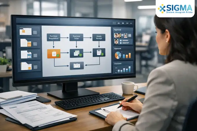 Alur sistem pembelian terintegrasi SAP Business One dari Purchase Request hingga AP Invoice