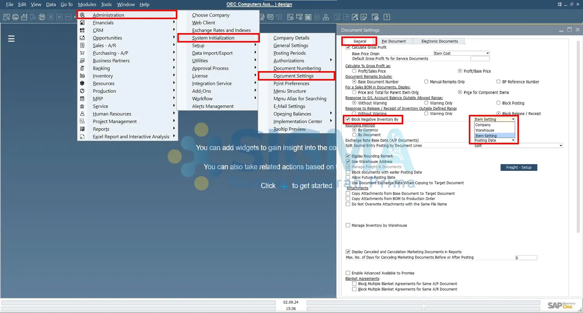 cara membuat negatif inventory sap business one