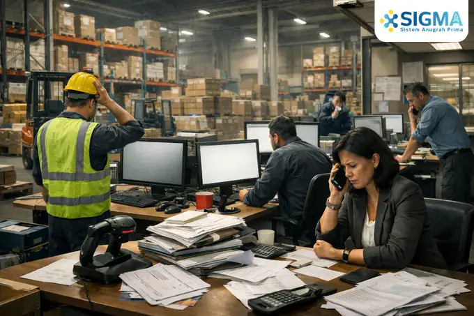 Ilustrasi hambatan operasional di gudang dan departemen purchasing akibat gangguan sistem ERP.