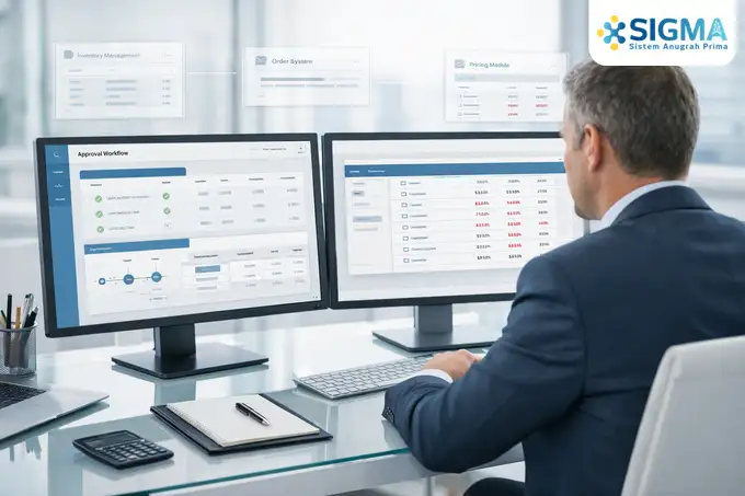 Ilustrasi risiko manipulasi data transaksi dan perubahan harga tanpa approval pada sistem ERP yang tidak terintegrasi