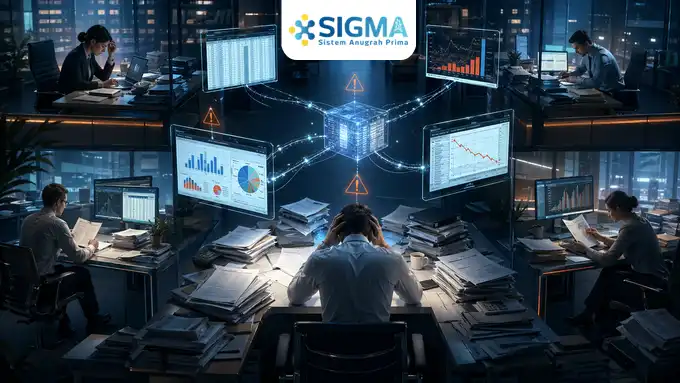 Ilustrasi masalah data silo dan ketidakakuratan laporan keuangan manual di perusahaan
