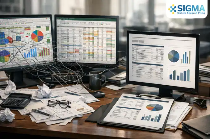 Ilustrasi risiko kesalahan data pada laporan keuangan manual di Excel dibandingkan sistem audit-ready SAP B1