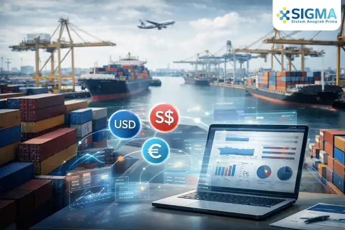 Ilustrasi transaksi ekspor impor Indonesia menggunakan berbagai valuta asing seperti USD, SGD, dan EUR yang terintegrasi dalam sistem ERP.