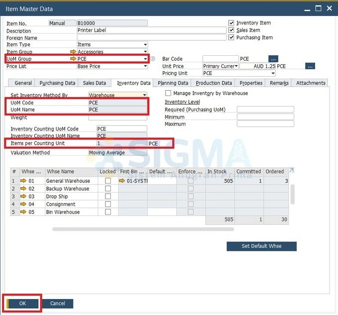 settings uom default 2 sap business one