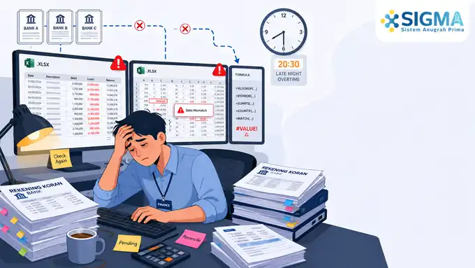 Ilustrasi staf finance mengalami kendala tutup buku akibat proses rekonsiliasi kas manual dengan spreadsheet Excel