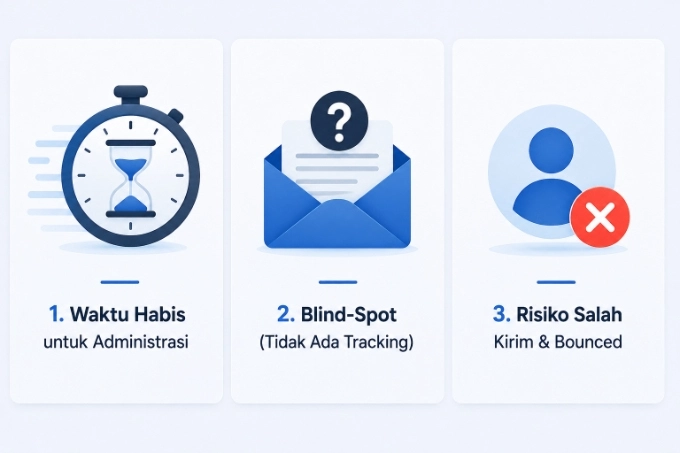 Infografis 3 masalah utama pengiriman invoice manual: pemborosan waktu staf, tidak ada tracking, dan risiko salah kirim ke pelanggan