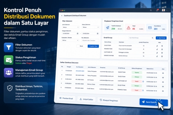 Mockup layar monitor menampilkan visualisasi dashboard kontrol pelacakan status pengiriman invoice massal di SAP B1